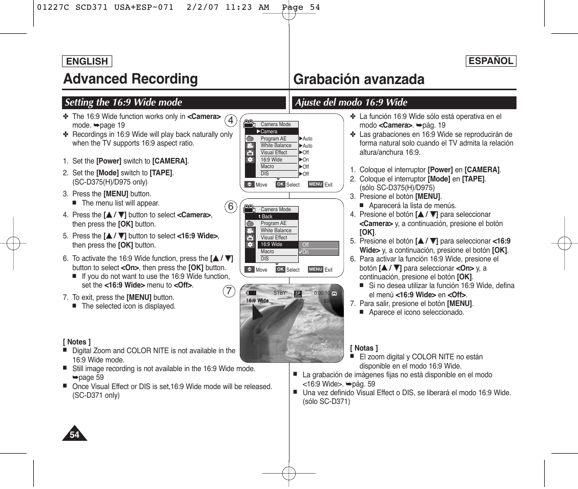 Advanced recording, Grabación avanzada, Setting the 16:9 wide mode | Ajuste del modo 16:9 wide, English, Español | Samsung SC-D375-XAP User Manual | Page 54 / 110