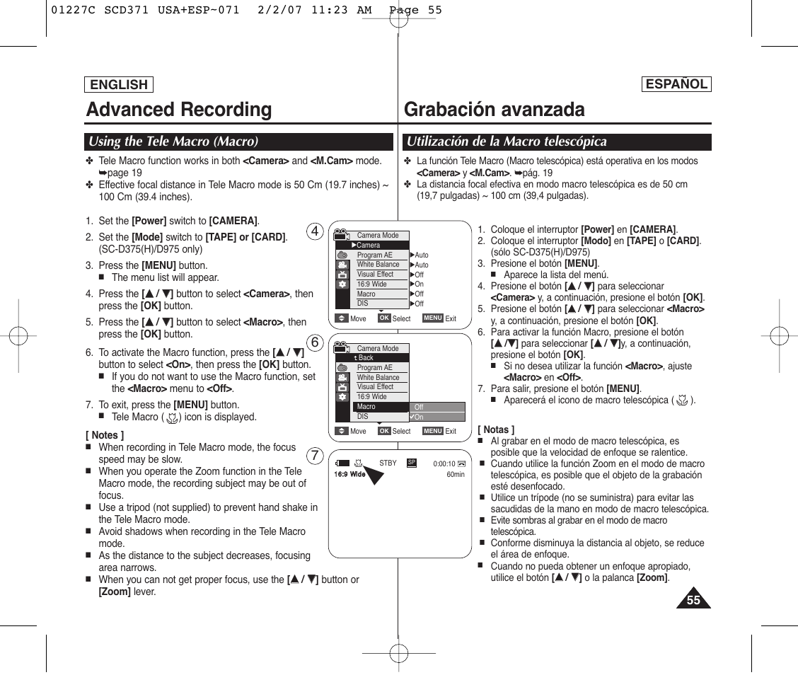 Advanced recording, Grabación avanzada, Using the tele macro (macro) | 7utilización de la macro telescópica, English, Español | Samsung SC-D375-XAP User Manual | Page 55 / 110