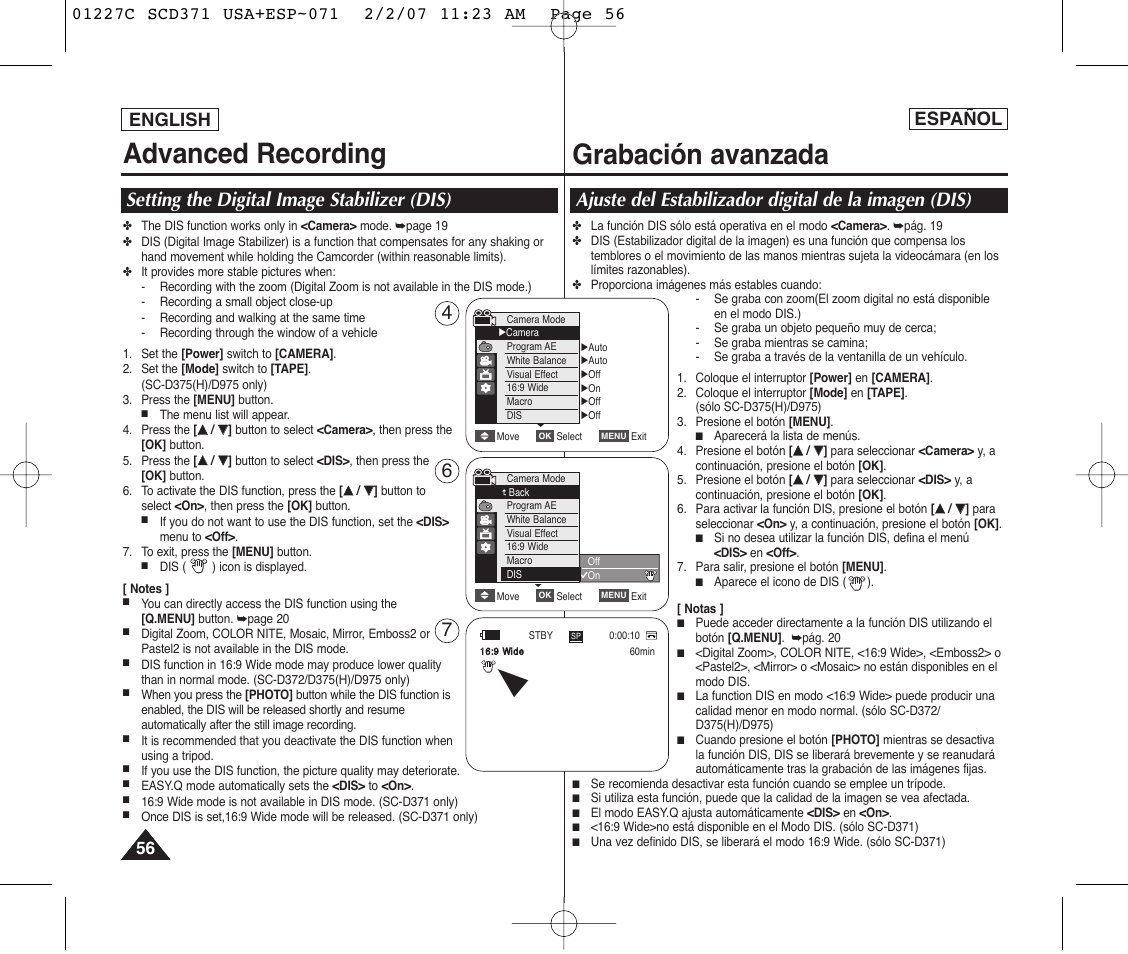 Advanced recording, Grabación avanzada, Setting the digital image stabilizer (dis) | English, Español | Samsung SC-D375-XAP User Manual | Page 56 / 110