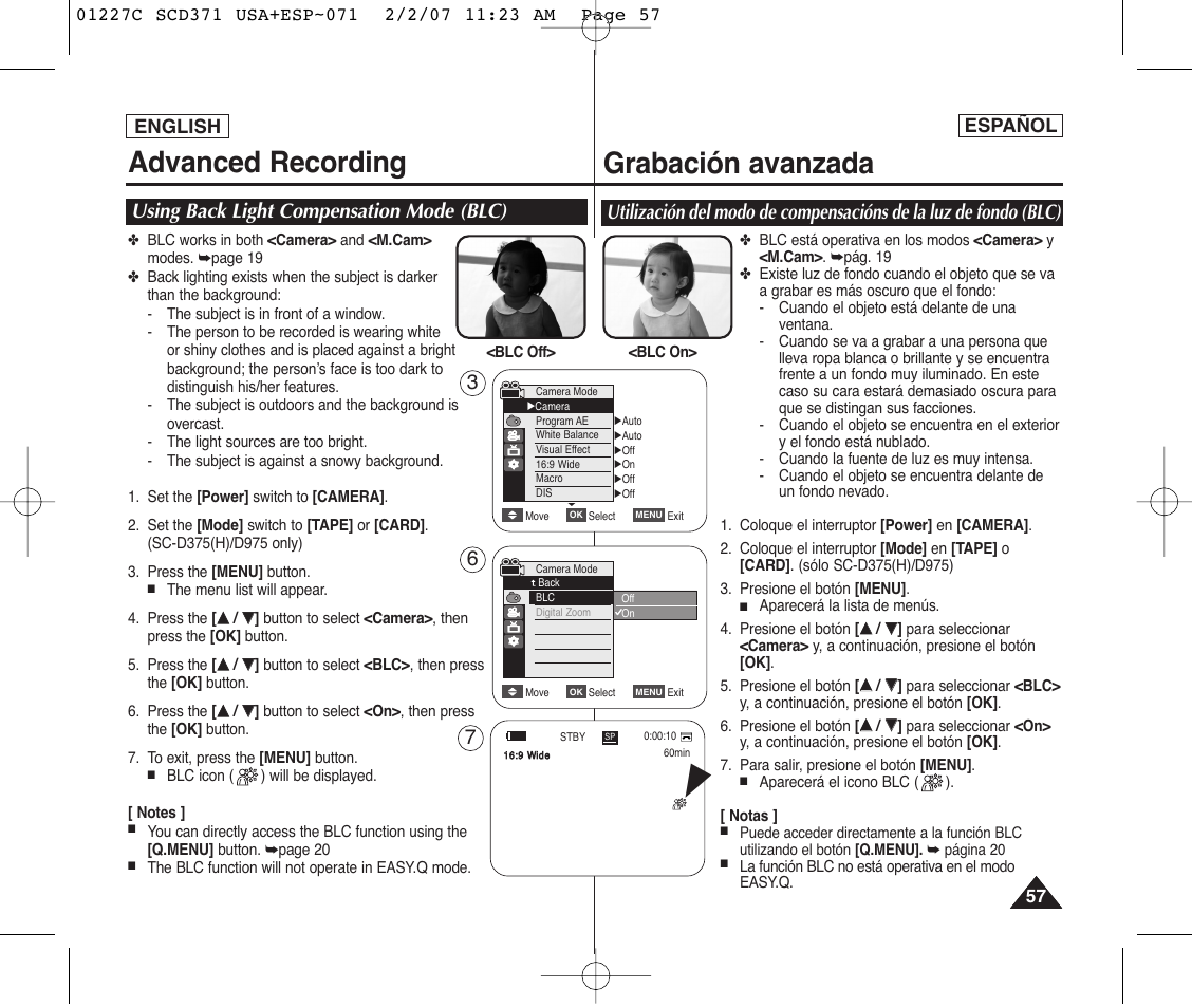 Advanced recording, Grabación avanzada, Using back light compensation mode (blc) | English, Español | Samsung SC-D375-XAP User Manual | Page 57 / 110