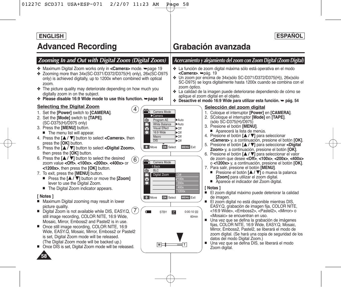 Advanced recording, Grabación avanzada, English | Español | Samsung SC-D375-XAP User Manual | Page 58 / 110