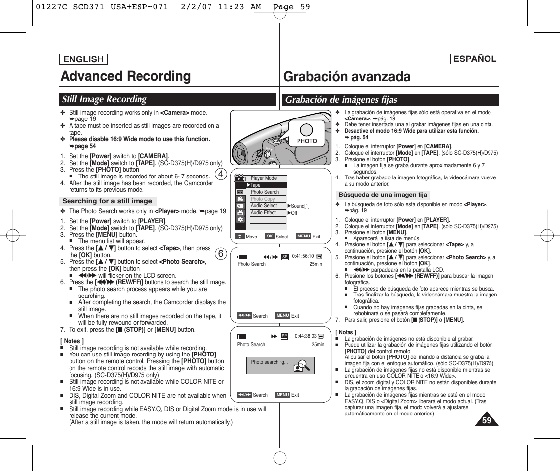 Advanced recording, Grabación avanzada, Still image recording | Grabación de imágenes fijas, English, Español | Samsung SC-D375-XAP User Manual | Page 59 / 110