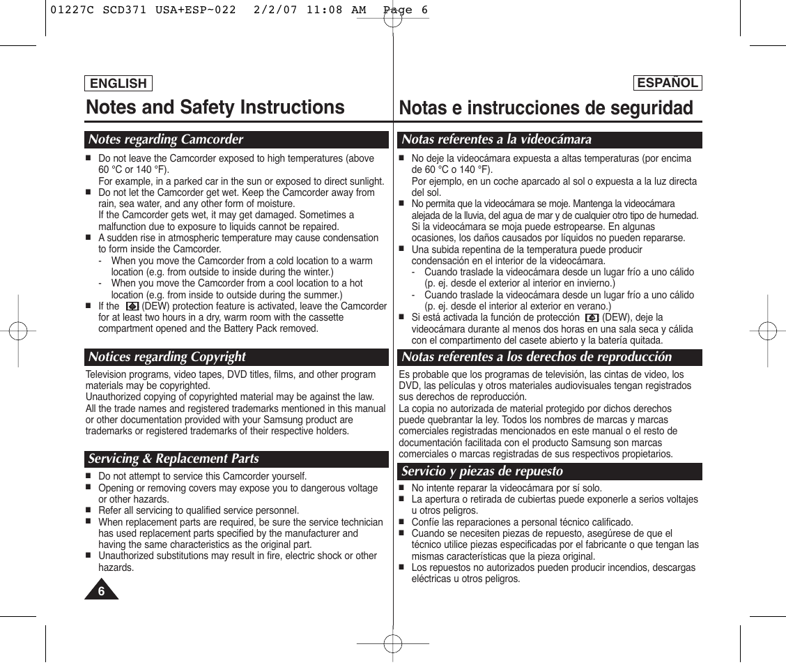 Notas e instrucciones de seguridad, Servicing & replacement parts | Samsung SC-D375-XAP User Manual | Page 6 / 110