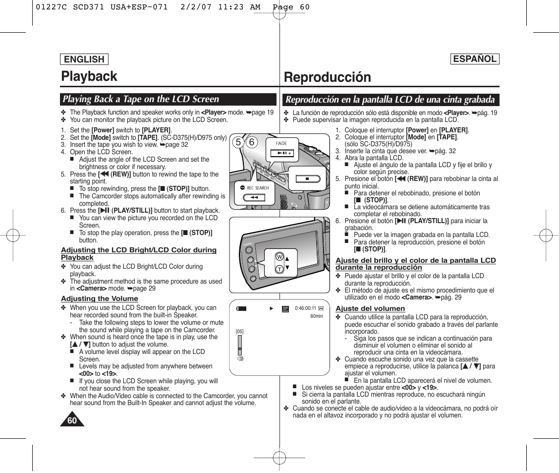 Playback, Reproducción, Playing back a tape on the lcd screen | English, Español | Samsung SC-D375-XAP User Manual | Page 60 / 110