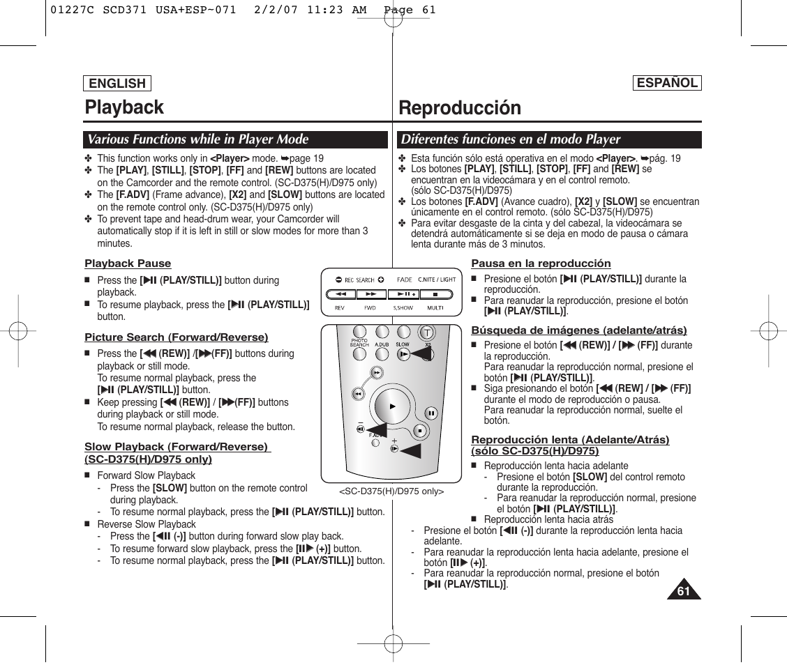 Playback, Reproducción, Various functions while in player mode | Diferentes funciones en el modo player | Samsung SC-D375-XAP User Manual | Page 61 / 110