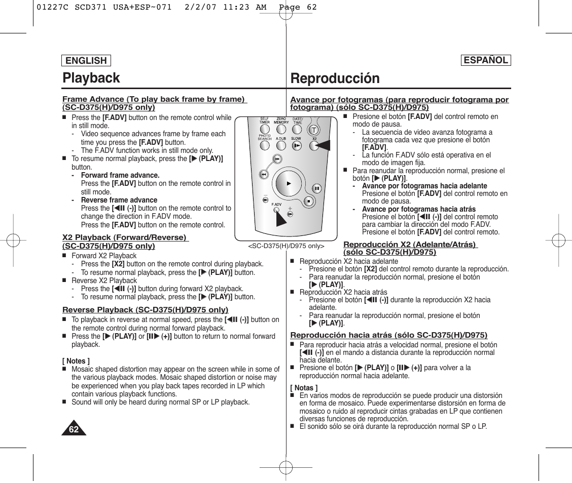 Playback, Reproducción | Samsung SC-D375-XAP User Manual | Page 62 / 110