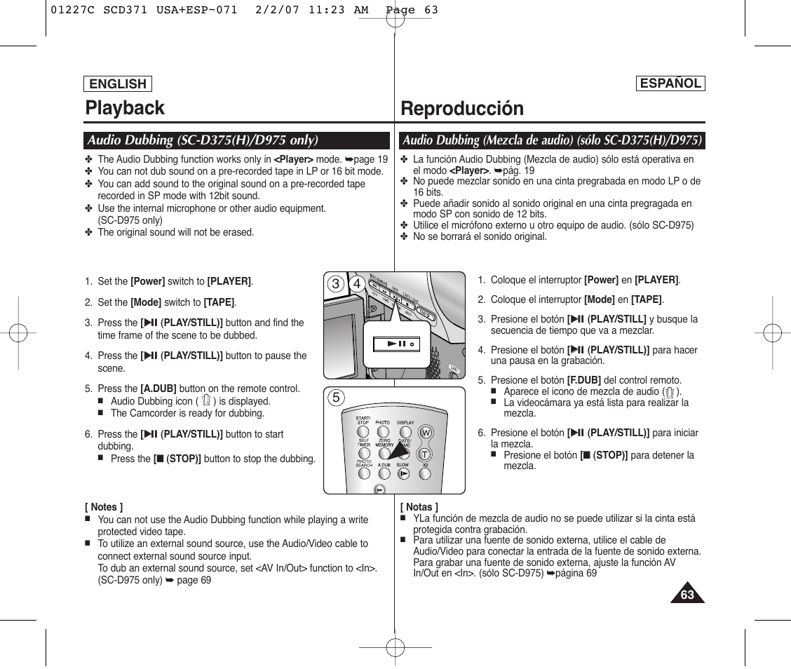 Playback, Reproducción | Samsung SC-D375-XAP User Manual | Page 63 / 110