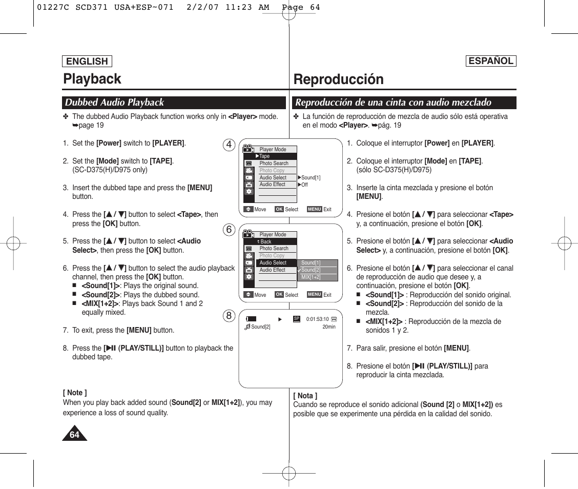 Playback, Reproducción, Dubbed audio playback | Reproducción de una cinta con audio mezclado, English, Español | Samsung SC-D375-XAP User Manual | Page 64 / 110