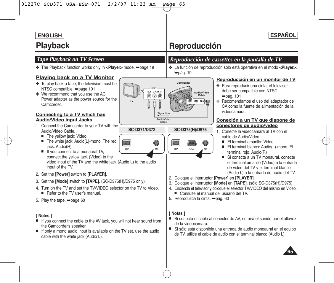 Playback, Reproducción, Tape playback on tv screen | Reproducción de cassettes en la pantalla de tv | Samsung SC-D375-XAP User Manual | Page 65 / 110