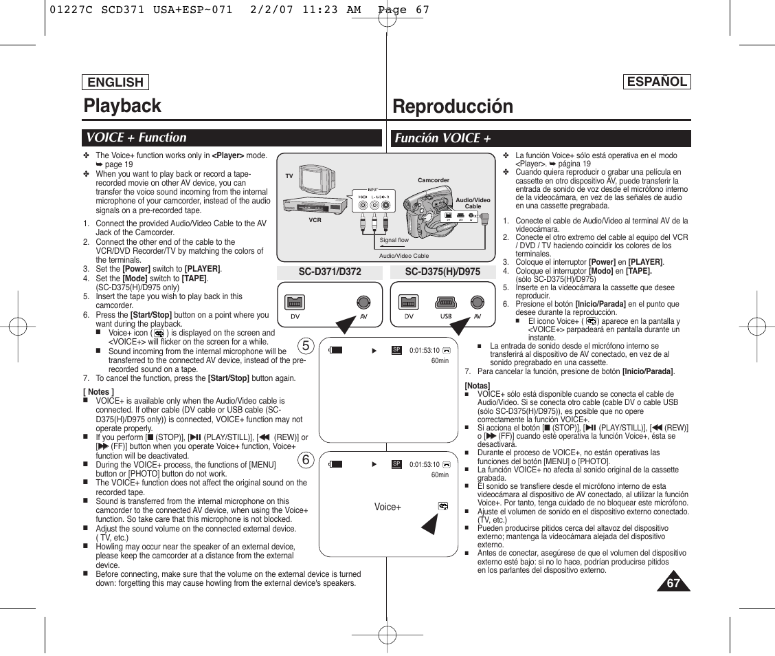 Playback, Reproducción, Voice + function | Función voice, English, Español | Samsung SC-D375-XAP User Manual | Page 67 / 110