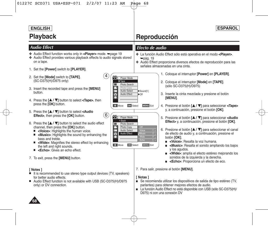 Playback, Reproducción, Audio effect | Efecto de audio, English, Español | Samsung SC-D375-XAP User Manual | Page 68 / 110