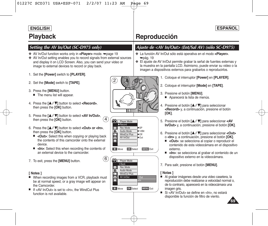 Playback, Reproducción, Setting the av in/out (sc-d975 only) | Ajuste de <av in/out> (ent/sal av) (sólo sc-d975) | Samsung SC-D375-XAP User Manual | Page 69 / 110