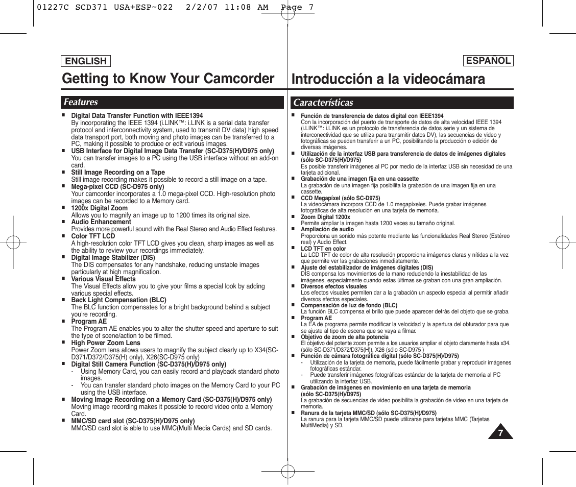 Getting to know your camcorder, Introducción a la videocámara, Features | Características, English, Español | Samsung SC-D375-XAP User Manual | Page 7 / 110