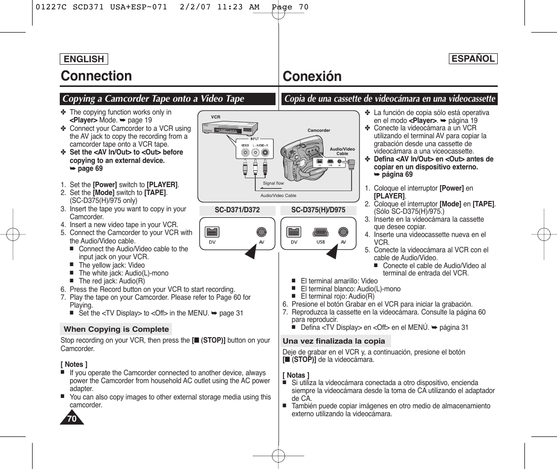 Connection, Conexión, Copying a camcorder tape onto a video tape | Samsung SC-D375-XAP User Manual | Page 70 / 110