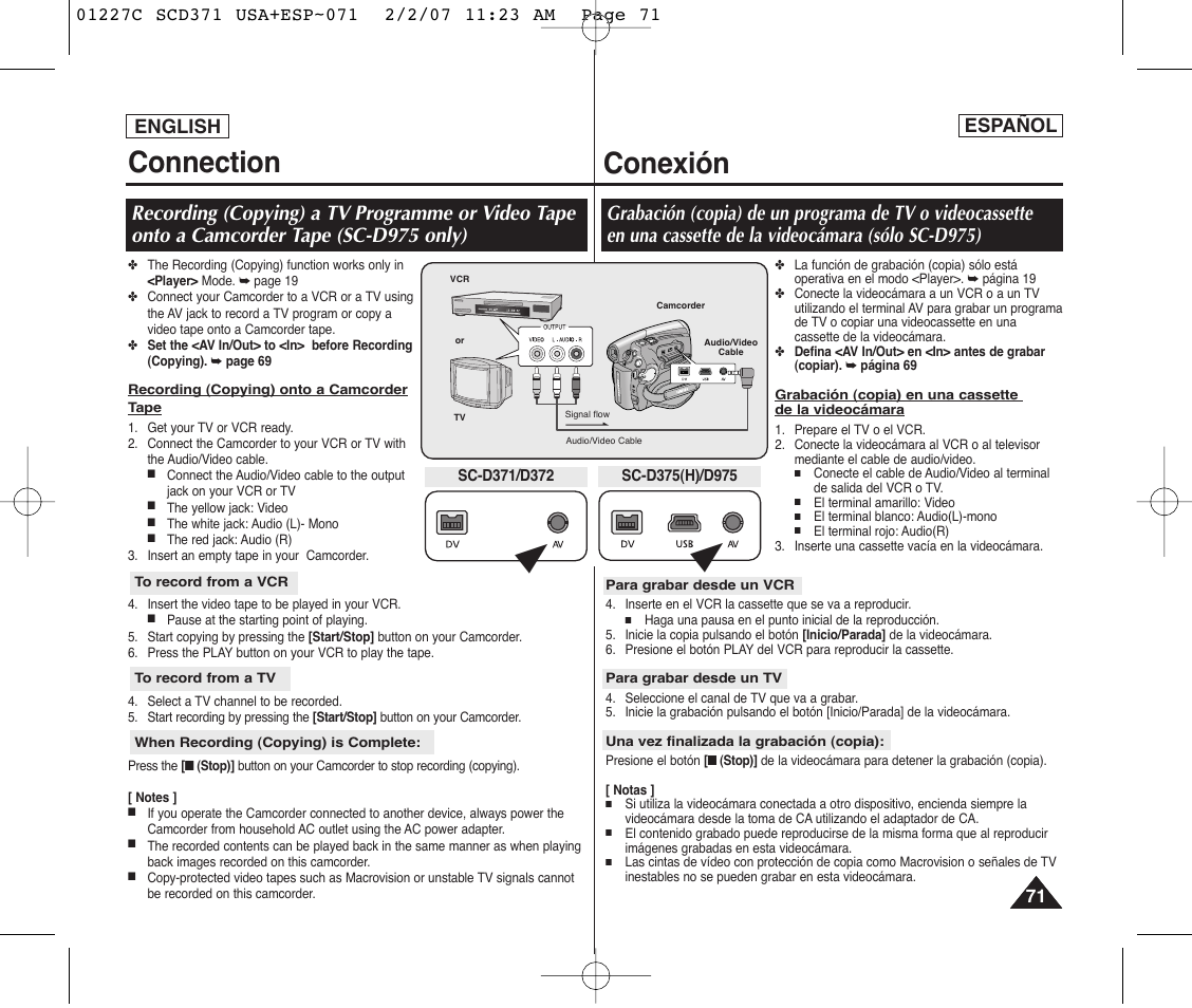 Connection, Conexión, English | Español | Samsung SC-D375-XAP User Manual | Page 71 / 110