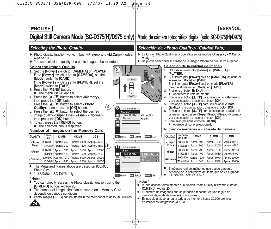 Selecting the photo quality, Selección de <photo quality> (calidad foto), English español | Samsung SC-D375-XAP User Manual | Page 74 / 110