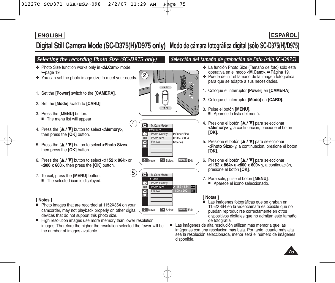 Selecting the recording photo size (sc-d975 only), English español | Samsung SC-D375-XAP User Manual | Page 75 / 110