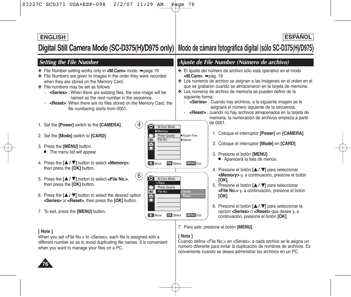 Setting the file number, Ajuste de file number (número de archivo) | Samsung SC-D375-XAP User Manual | Page 76 / 110