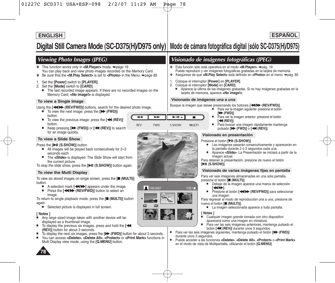 Viewing photo images (jpeg), Visionado de imágenes fotográficas (jpeg), English español | Samsung SC-D375-XAP User Manual | Page 78 / 110