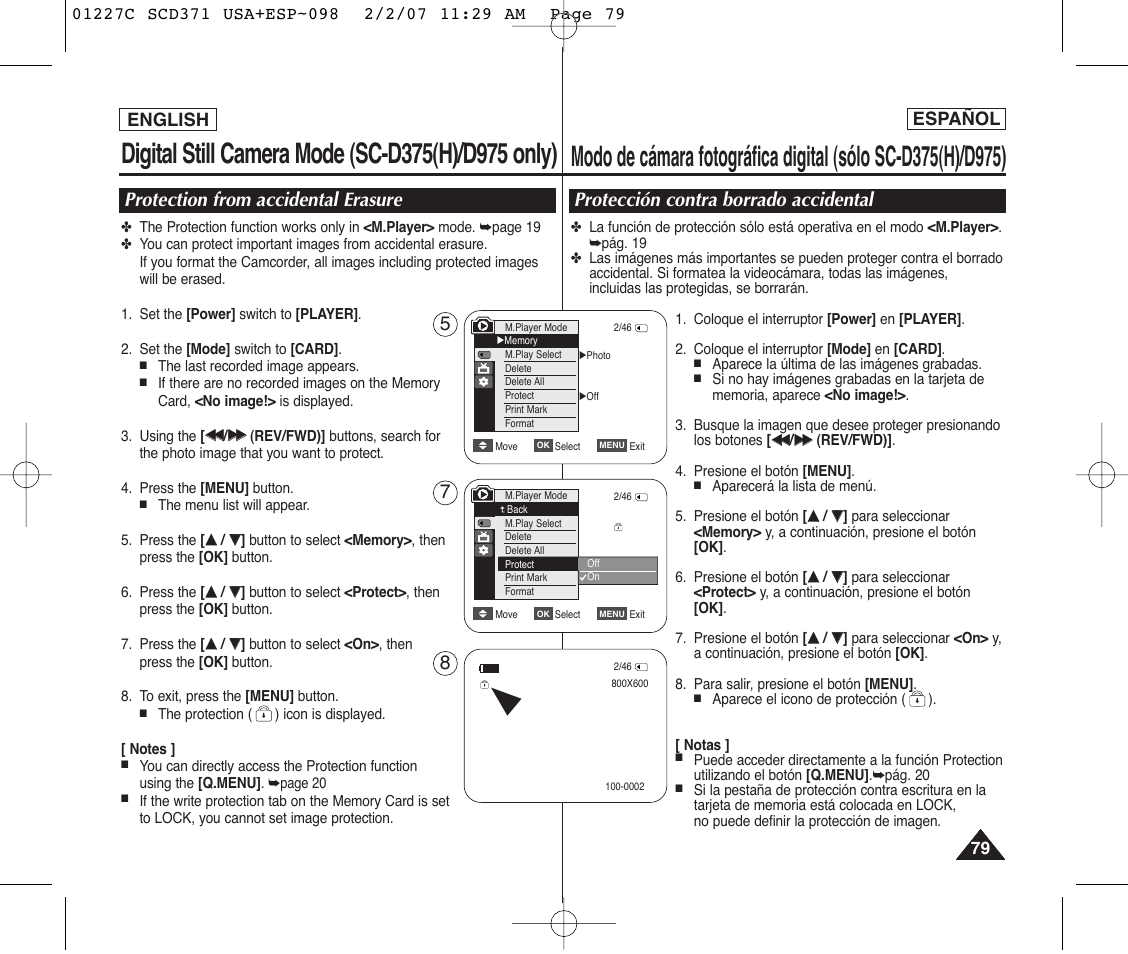 Protection from accidental erasure, Protección contra borrado accidental, English español | Samsung SC-D375-XAP User Manual | Page 79 / 110