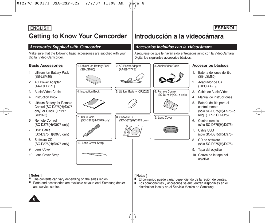 Getting to know your camcorder, Introducción a la videocámara, Accessories supplied with camcorder | Accesorios incluidos con la videocámara | Samsung SC-D375-XAP User Manual | Page 8 / 110