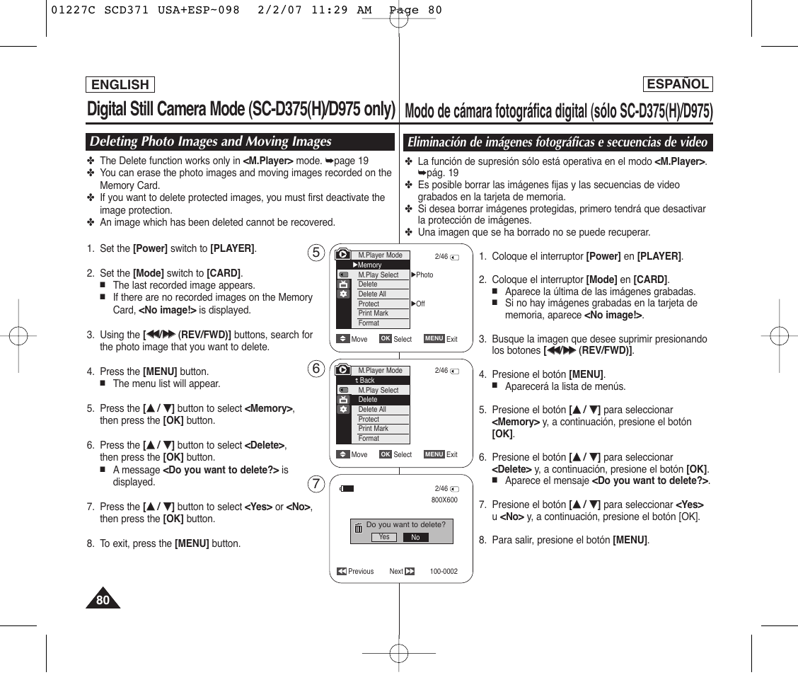 Deleting photo images and moving images, English español | Samsung SC-D375-XAP User Manual | Page 80 / 110