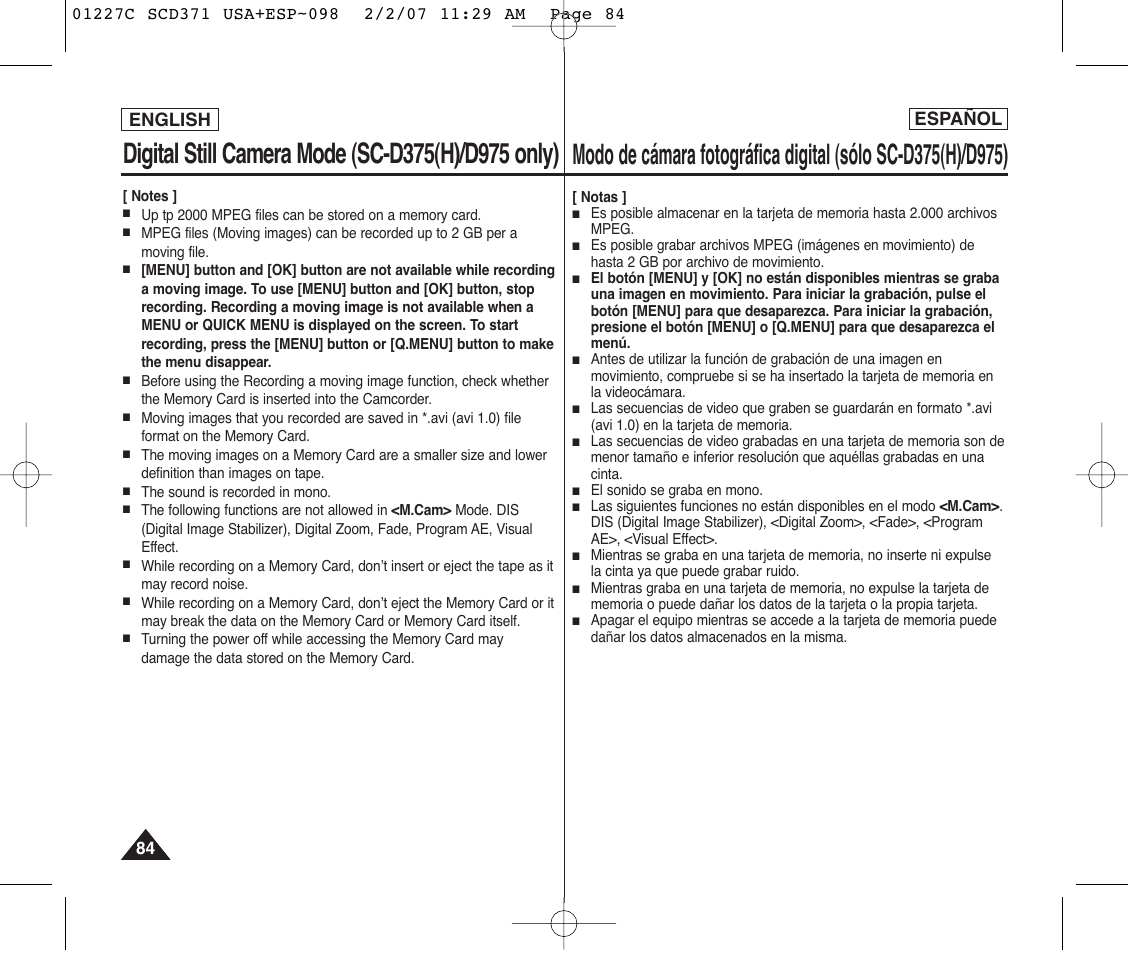 English español | Samsung SC-D375-XAP User Manual | Page 84 / 110