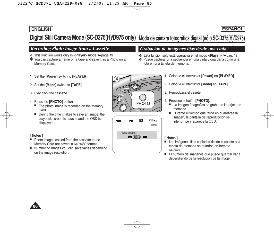 Recording photo image from a cassette, Grabación de imágenes fijas desde una cinta | Samsung SC-D375-XAP User Manual | Page 86 / 110