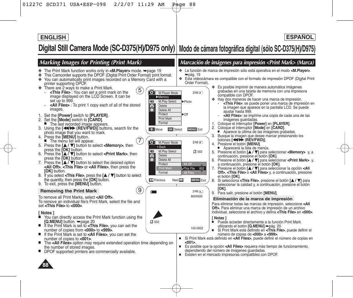 Marking images for printing (print mark), English español | Samsung SC-D375-XAP User Manual | Page 88 / 110