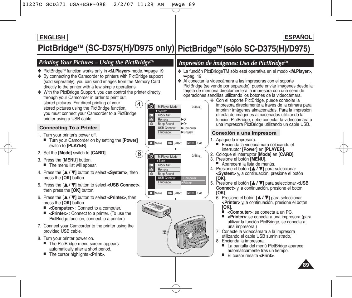 Pictbridge, Printing your pictures – using the pictbridge, Impresión de imágenes: uso de pictbridge | English español | Samsung SC-D375-XAP User Manual | Page 89 / 110