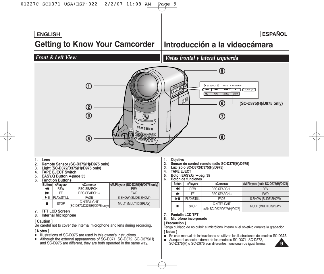 Getting to know your camcorder, Introducción a la videocámara, Front & left view | Vistas frontal y lateral izquierda | Samsung SC-D375-XAP User Manual | Page 9 / 110