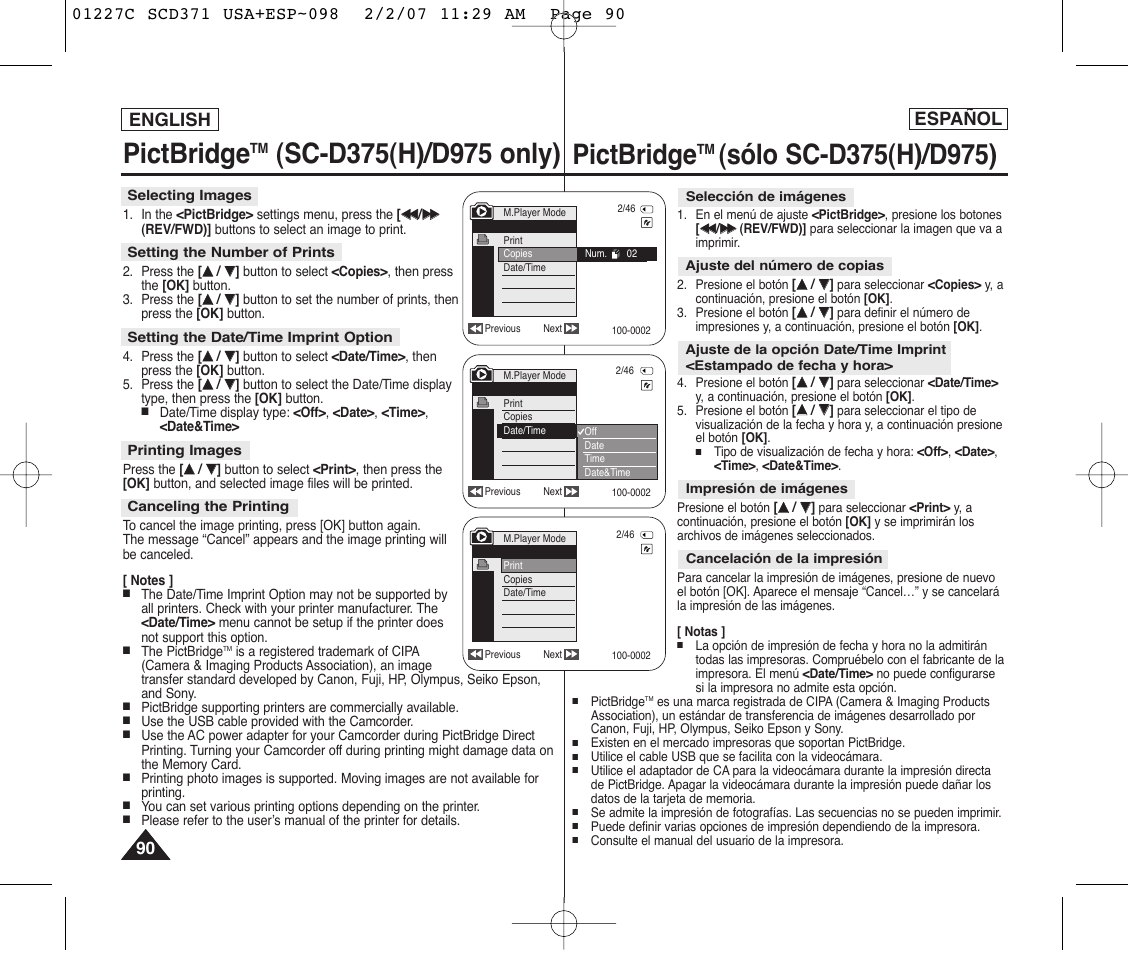 Pictbridge, English español | Samsung SC-D375-XAP User Manual | Page 90 / 110