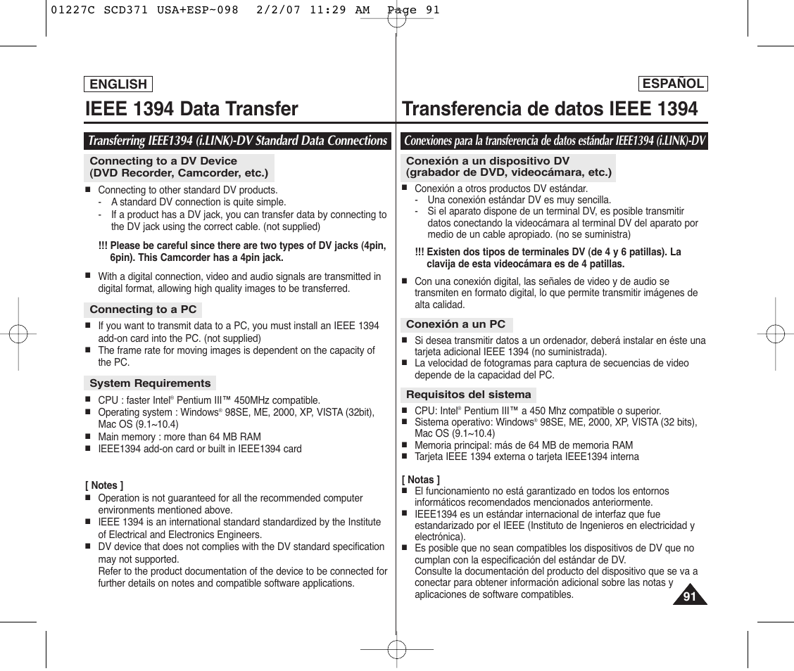 Ieee 1394 data transfer, Transferencia de datos ieee 1394, English español | Samsung SC-D375-XAP User Manual | Page 91 / 110