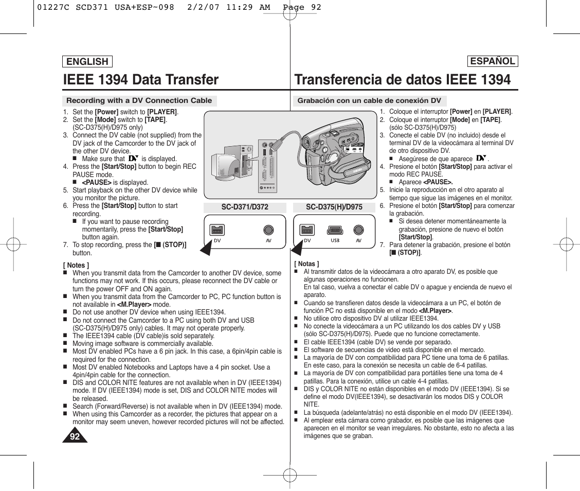 Ieee 1394 data transfer, Transferencia de datos ieee 1394, English español | Samsung SC-D375-XAP User Manual | Page 92 / 110