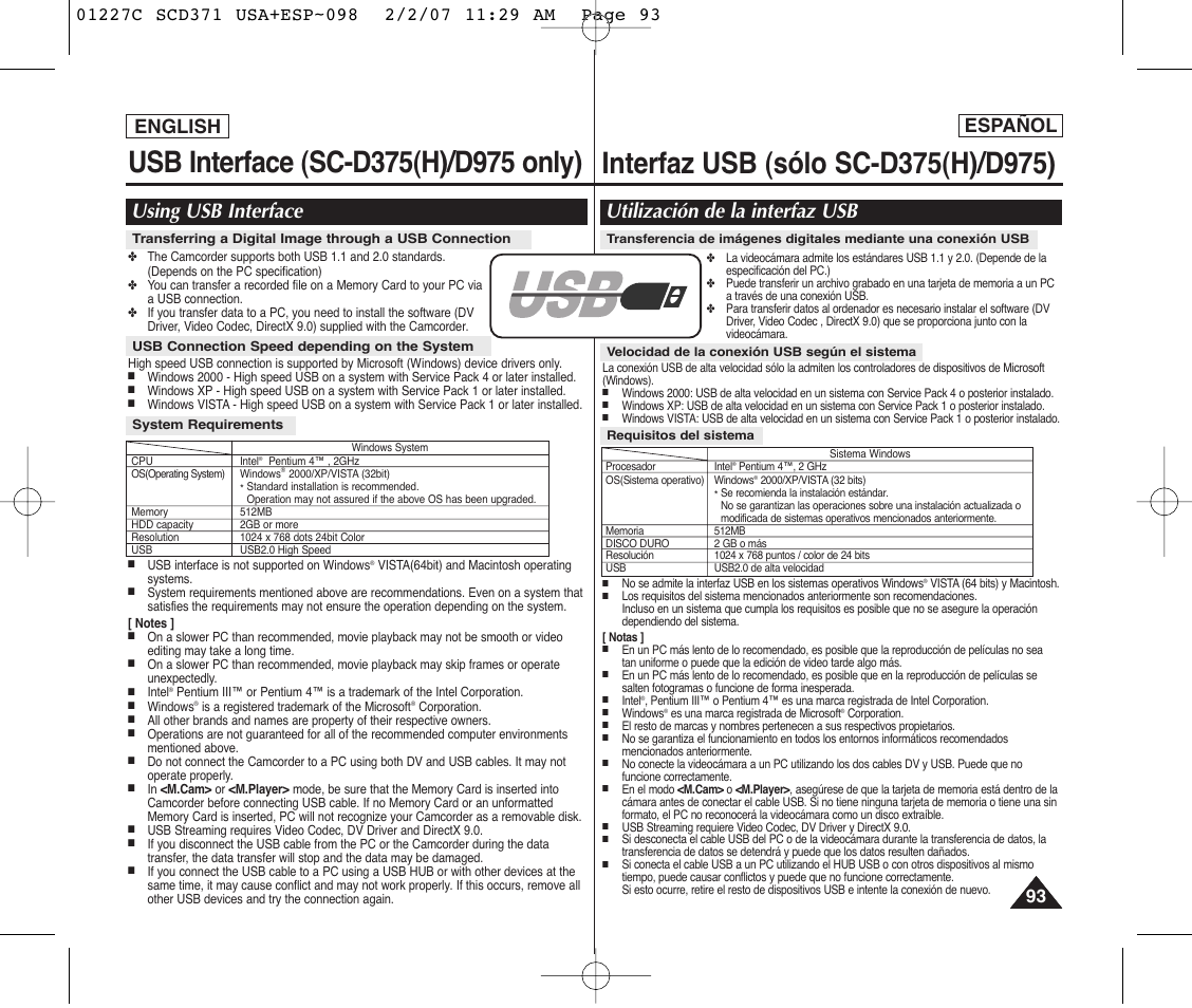 Using usb interface, Utilización de la interfaz usb, English español | Samsung SC-D375-XAP User Manual | Page 93 / 110