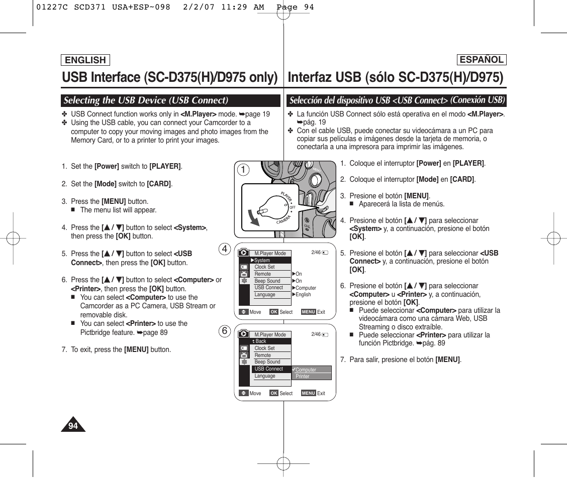 Selecting the usb device (usb connect) 1 | Samsung SC-D375-XAP User Manual | Page 94 / 110