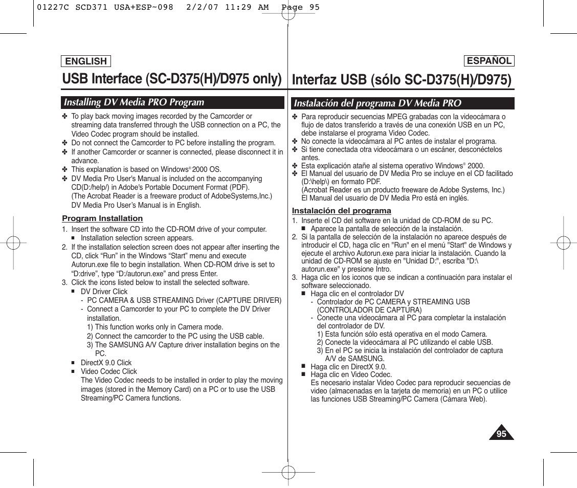 Installing dv media pro program, Instalación del programa dv media pro | Samsung SC-D375-XAP User Manual | Page 95 / 110