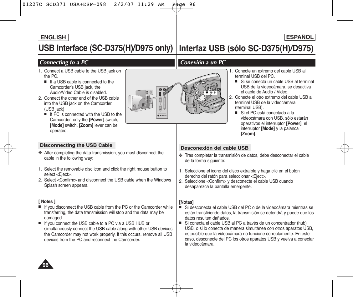 Connecting to a pc, Conexión a un pc | Samsung SC-D375-XAP User Manual | Page 96 / 110