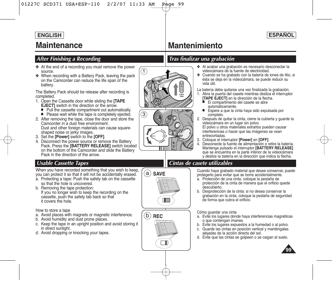 Maintenance, Mantenimiento, After finishing a recording usable cassette tapes | Samsung SC-D375-XAP User Manual | Page 99 / 110