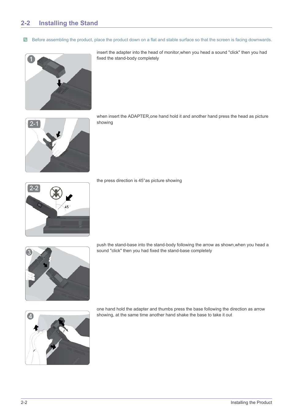 2 installing the stand, Installing the stand -2 | Samsung LS19A200NW-ZA User Manual | Page 12 / 46