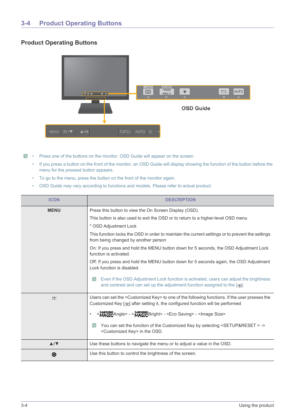 4 product operating buttons, Product operating buttons -4, Product operating buttons | Samsung LS19A200NW-ZA User Manual | Page 22 / 46