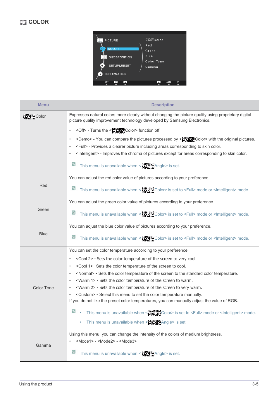 Color | Samsung LS19A200NW-ZA User Manual | Page 27 / 46