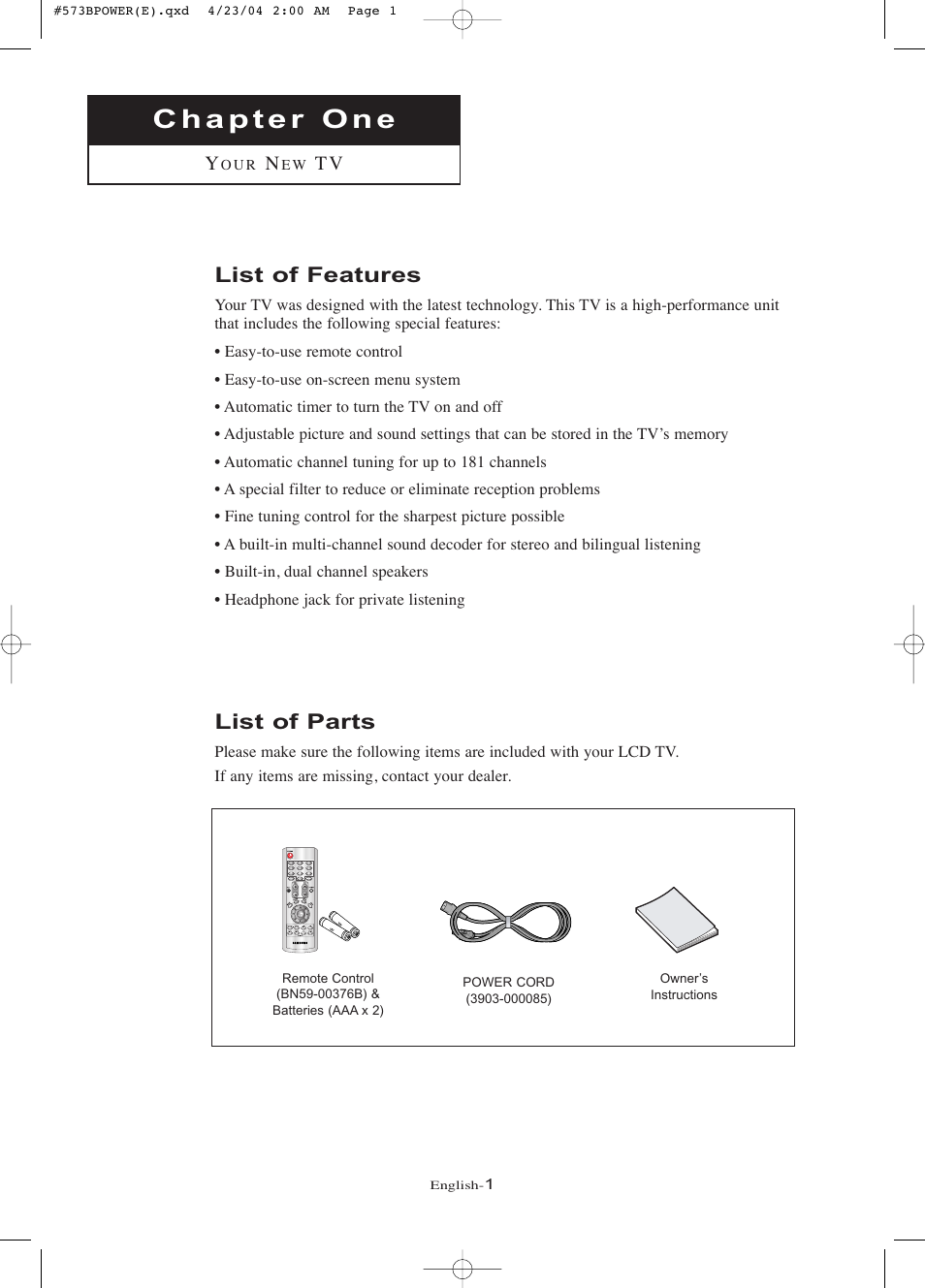 List of features, List of parts | Samsung LTP2035X-XAA User Manual | Page 7 / 49