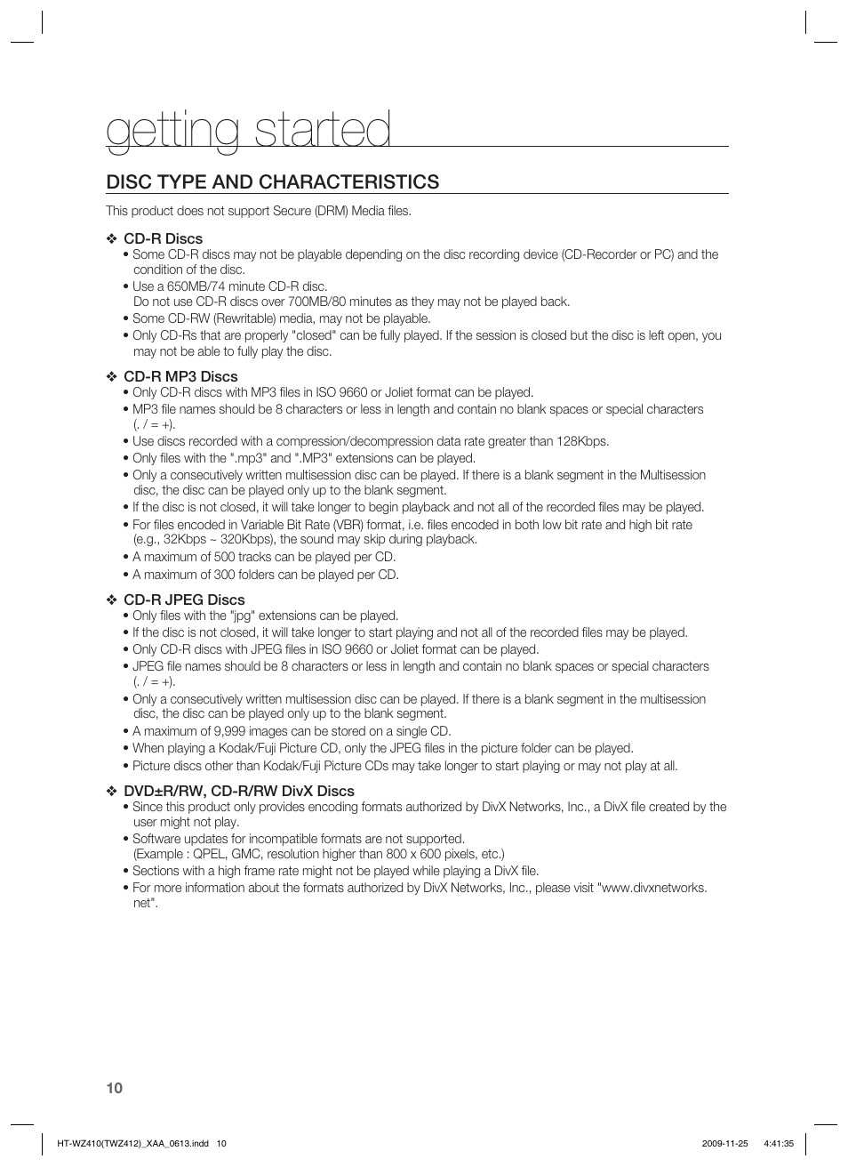 Disc type and characteristics, Getting started | Samsung HT-TWZ412T-XAA User Manual | Page 10 / 75