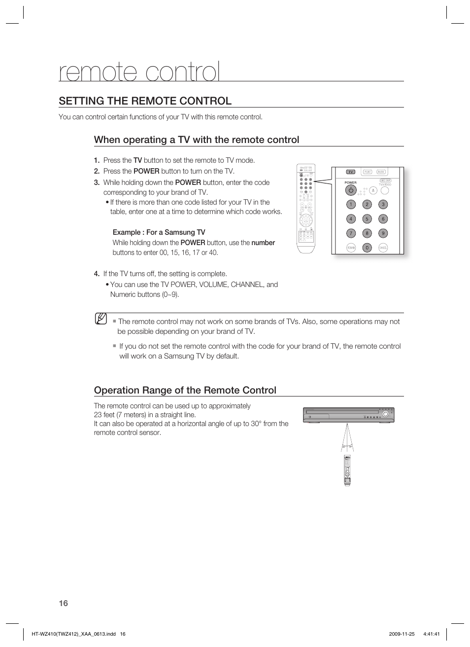 Setting the remote control, Remote control, Operation range of the remote control | When operating a tv with the remote control | Samsung HT-TWZ412T-XAA User Manual | Page 16 / 75