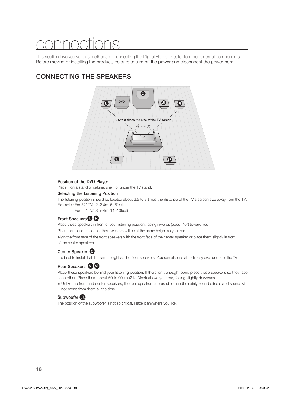 Connections, Connecting the speakers | Samsung HT-TWZ412T-XAA User Manual | Page 18 / 75