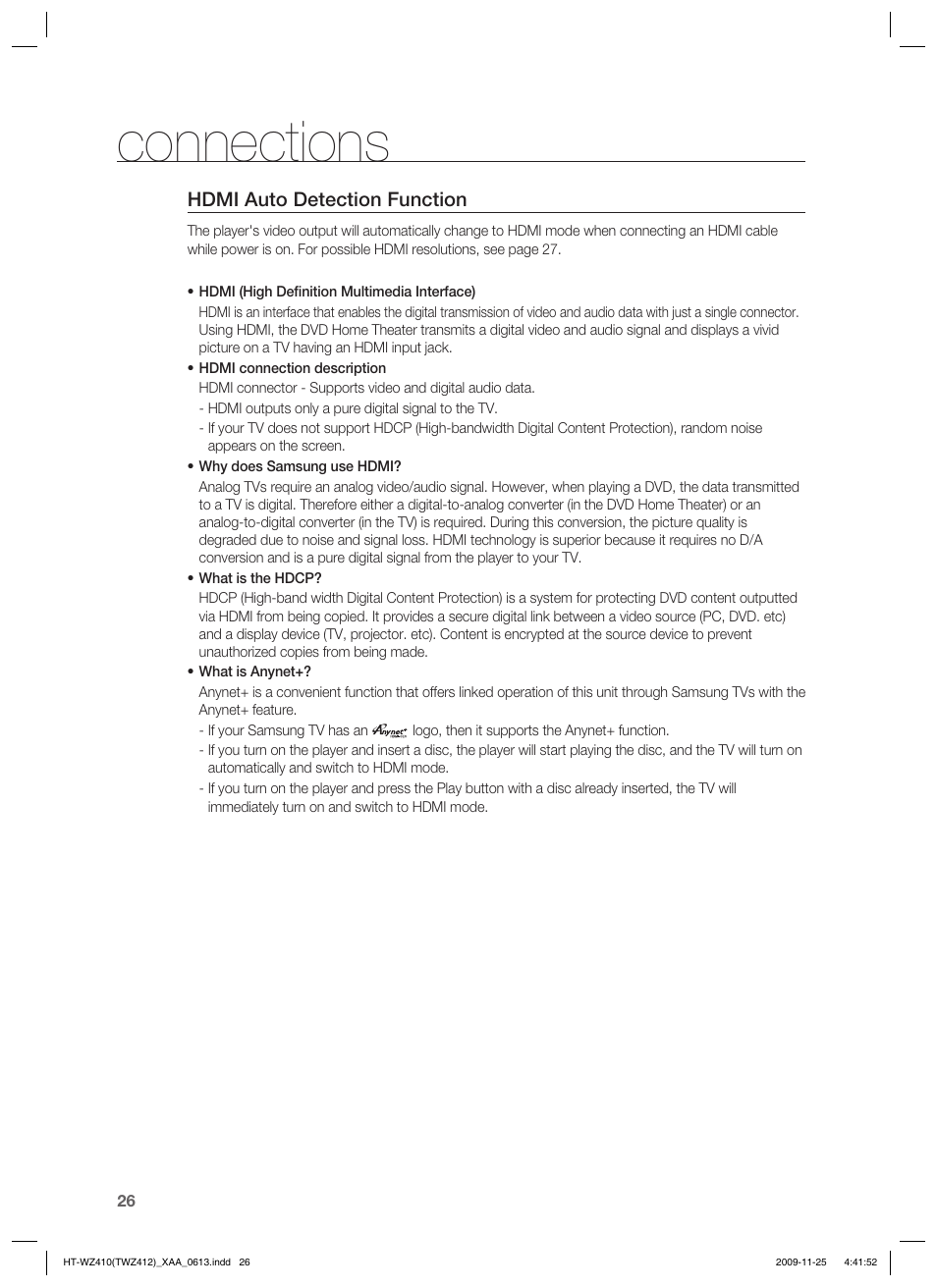 Connections, Hdmi auto detection function | Samsung HT-TWZ412T-XAA User Manual | Page 26 / 75