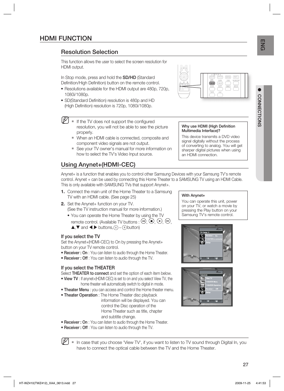 Hdmi function, Resolution selection, Using anynet+(hdmi-cec) | Samsung HT-TWZ412T-XAA User Manual | Page 27 / 75