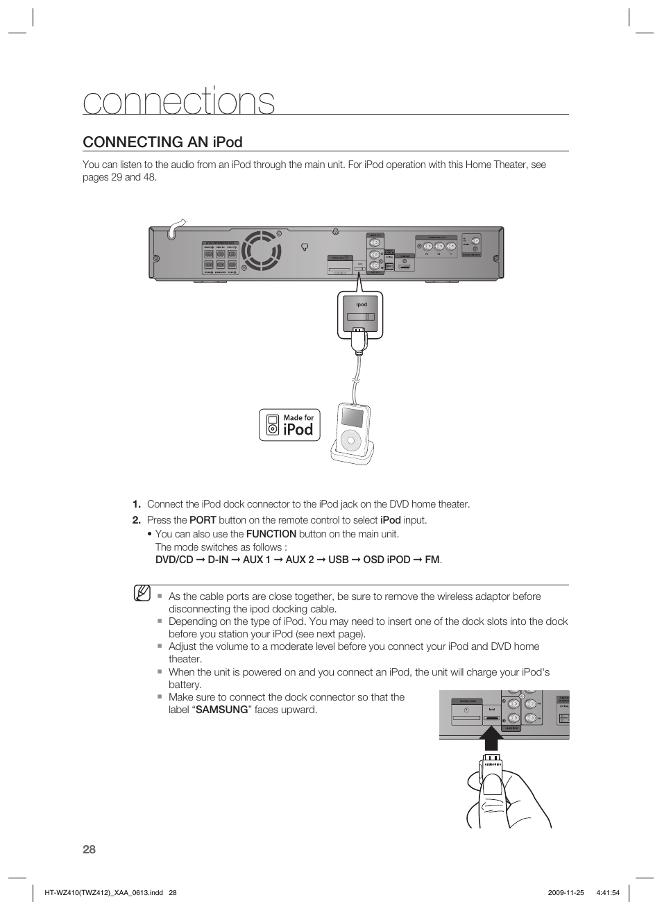 Connecting an ipod, Connections | Samsung HT-TWZ412T-XAA User Manual | Page 28 / 75