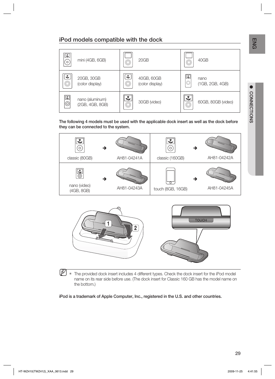 Ipod models compatible with the dock | Samsung HT-TWZ412T-XAA User Manual | Page 29 / 75